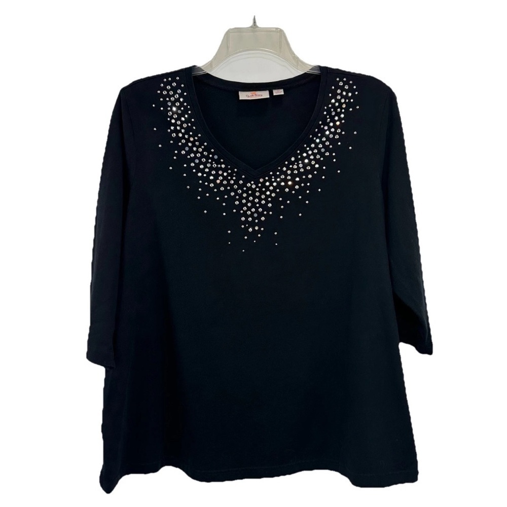 Quacker Factory Black Embellished V-Neck Top 2XL